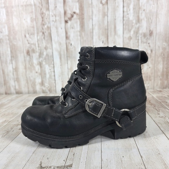 Harley Davidson Womens Black Leather Biker Boots D84424 Lace Up Side Zip Size 7M - Picture 2 of 8